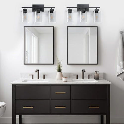 3-Light Bathroom Light Fixtures, Matte Black Modern Vanity Lights, Bathroom Lighting Fixtures Over Mirror, Square Design Farmhouse Wall Sconces with Clear Glass Shades - color: Matte Black, size: 3-Light