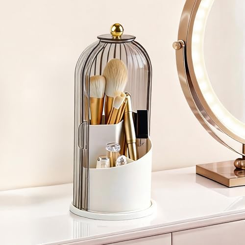 Hvygss 360° Rotating Makeup Brush Holder with Lid, Waterproof Three-Compartment Makeup Organizer, 180° Side-Pull Door Desk Organizer, Dustproof Brush Holder for Vanity and Bathroom (Grey) - color: Grey
