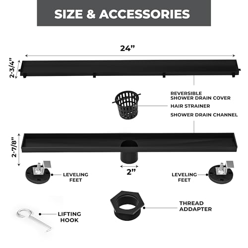 24-Inch Linear Shower Drain - 304 Stainless Steel | Reversible 2-in-1 Flat & Tile Insert Cover, Rectangular Floor Drain Set with Hair Catcher & Adjustable Leveling Feet - color: Matte Black, size: 24 Inch
