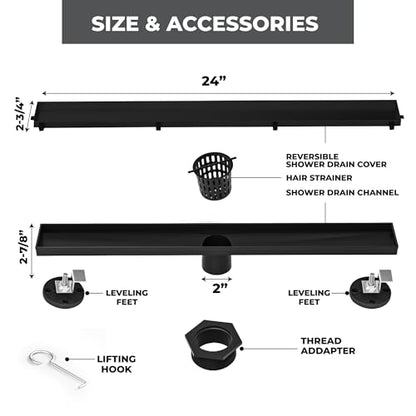 24-Inch Linear Shower Drain - 304 Stainless Steel | Reversible 2-in-1 Flat & Tile Insert Cover, Rectangular Floor Drain Set with Hair Catcher & Adjustable Leveling Feet - color: Matte Black, size: 24 Inch