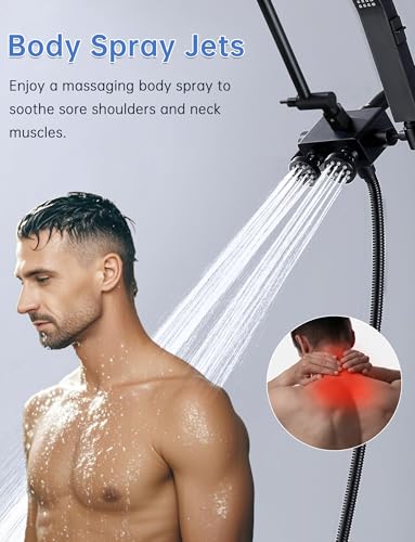 All Metal 12 Inch Rain Head with Body Spray Jets and Handheld (Matte Black) | All Metal Construction, Equipped with Body Spray Jets, 14 Inch Adjustable Extension Arm,Power Wash Function Hand Shower - color: Matte Black