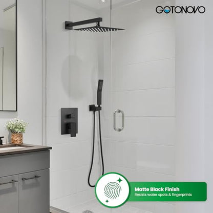 gotonovo Rainfall Bathroom Shower System Rain Shower Head and Handle Set Wall Mounted Shower Complete Combo Solid Brass Pressure Balancing Shower Mixer Valve 12 Inch Matte Black - color: Matte Black, size: 12 Inch