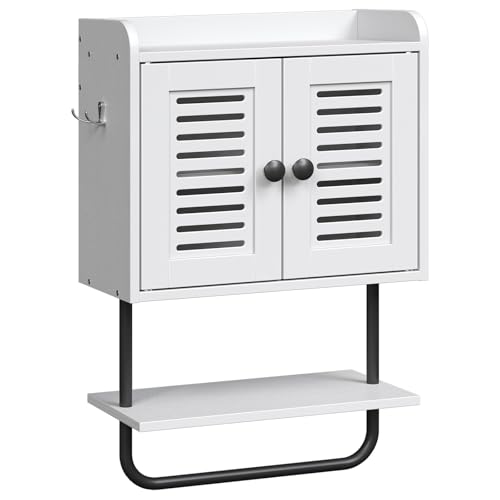 HOOBRO Medicine Cabinet, Double Doors Bathroom Wall Cabinet with Towel Bar, Adjustable Shelf, 2 Hooks, Over The Toilet Storage Cabinet, for Bedroom, Kitchen, White BW46CW01 - color: White + Black