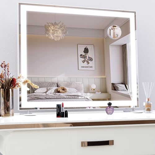 ANYHI Vanity Mirror with Lights, 23.6''x20'' Lighted Vanity Mirror with 10X Magnification, 3 Color Modes, Smart Touch Control, Aluminum Frame, Desktop or Wall Mounted Mirror for Bedroom, White - color: White, size: 23.6"L x 20"W