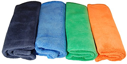 EcoSol Designs - Microfiber Towels, Cleaning & Drying Must-Have, Soft, Thick Dry/Wipe for Personal/Home/Office/Car Use, 4 12x12 Microfiber Towels with Hanging Loops in Orange, Blue, Green and Grey - color: Orange, Green, Blue, Grey