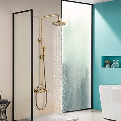 NeierThodore Antique Brass Bathroom Shower Faucet System Set 8 Inch Rainfall Shower Head Handheld Spray 2 Knobs Mixing - color: Antique Brass, size: 8 Inch 2 Modes