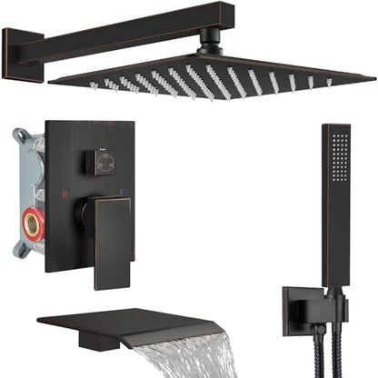 Midanya Shower System with Tub Spout,Bathtub Shower Faucet Set with Square Rainfall Head and Handheld Sprayer Wall Mount Tub Faucet Set with Valve and Trim Kit,12 Inch Oil Rubbed Bronze - color: Oil Rubbed Bronze, size: 12 Inch