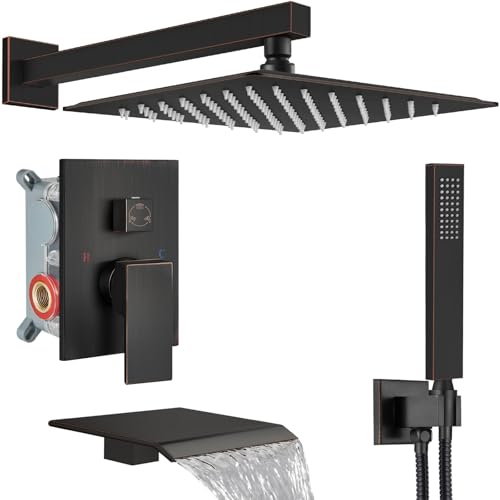 Midanya Shower System with Tub Spout,Bathtub Shower Faucet Set with Square Rainfall Head and Handheld Sprayer Wall Mount Tub Faucet Set with Valve and Trim Kit,12 Inch Oil Rubbed Bronze - color: Oil Rubbed Bronze, size: 12 Inch