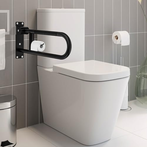 Toilet Grab Bar 24 Inch,YuanDe Matte Black Anti-Slip U-Flip-Up Handrails | Stainless Steel,Knurled Grip, Paper Holder, Toilet-Side Use, Sit/Stand Assistance, Elderly/Disabled/Pregnant Safety Assist - color: Matte Black, size: 24 IN