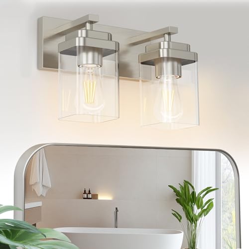 Brushed Nickel Bathroom Light Fixtures, 2 Lights Bathroom Lighting Fixtures Over Mirror, Square Design & Rectangle Large Backplate, Modern Vanity Lighting Fixtures, for Living Room/Bedroom - color: Brushed Nickel, size: 2-Light, 12" L