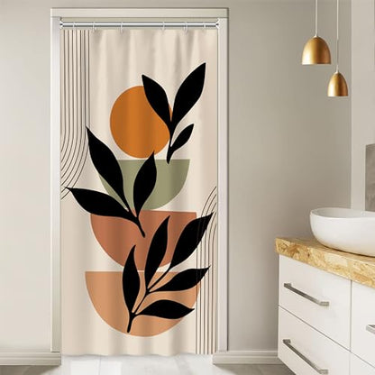 Boho Beige Stall Shower Curtain with Hooks 36x72 Inch | Waterproof Abstract Black Arch Leaves Small Bathroom Curtain for Shower Stall, Machine Washable - color: Abstract 038, size: 36"W x 72"L (Pack of 1)