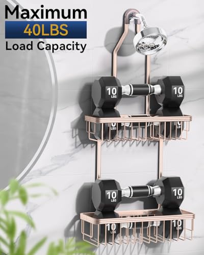 Never Rust Shower Caddy Hanging, Aluminum Shower Racks for Inside Shower, 2-Tier Shower Organizer Hanging Over Shower Head with Hooks and Soap Holder, Rose Gold - color: Rose Gold