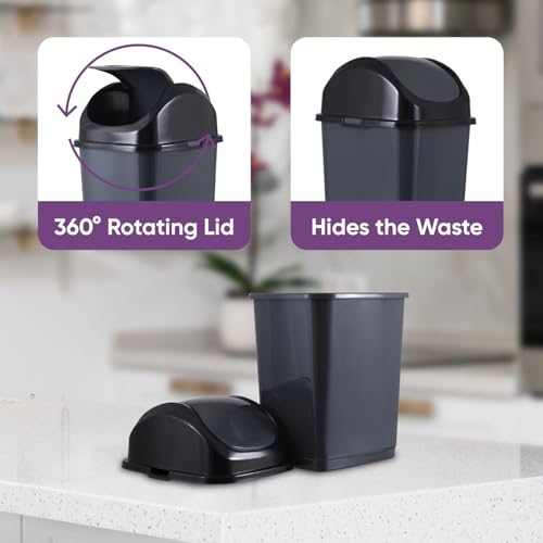 Superio Small 2.5 Gallon Plastic Trash Can with Swing Top Lid, Compact Slim Waste Bin for Under Desk, Office, Bedroom, Bathroom, Dorm Room, 10 Qt. Portable Garbage Can (Dark Grey, 2 Pack) - size: 2.5 Gallon, style: 2 Pack