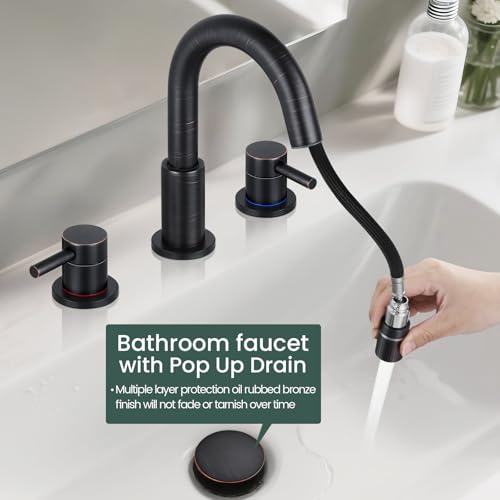 8 Inch Bathroom Faucet 3 Hole ORB Pull Down Bathroom Sink Faucet | Stainless Steel,Pull Down Sprayer,Oil Rubbed Bronze ,3 hole Widespread,Pop-up Drain,Water Supply Hoses,Two Water Flow Modes - color: A-Oil Rubbed Bronze