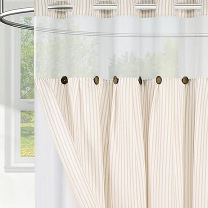 ASPMIZ Farmhouse Striped Shower Curtain and Liner Set No Hook, Beige 71x86 | No Hook Shower Curtain with Snap in Liner Fabric, Rustic Washable Waterproof Bathroom Curtains with Button, Mesh Top Window - color: Beige Striped, size: 71"W x 86"L (Pack of 1),