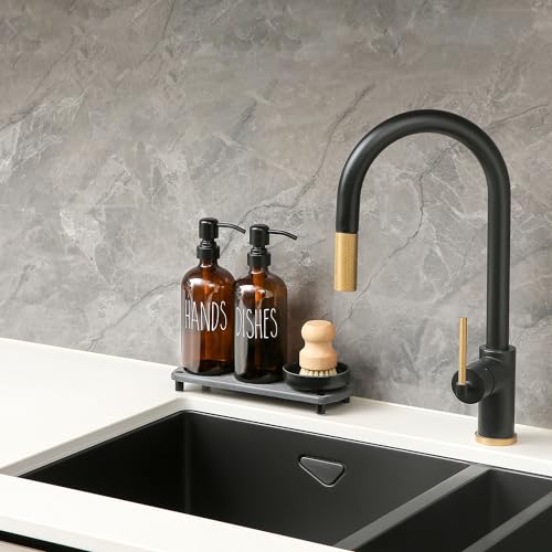 MOMEEMO Amber Glass Soap Dispenser Set Comes with Stainless Steel Pumps | Instant Dry Tray and Dish Scrub Brush, Suitable for Soap Dispenser for Kitchen Sink - color: Amber1