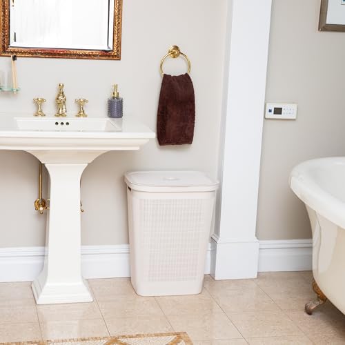 Mind Reader 60L Slim Laundry Hamper, Clothes Basket, Lid, Linen Design, Plastic, Ivory - color: Ivory