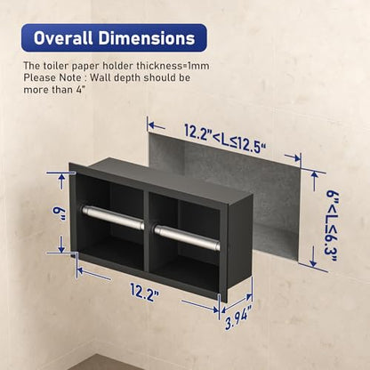 Dual Roll Toilet Paper Holder, Recessed Toilet Tissue Holder | for Bathroom Remodeling, 304 Stainless Steel Horizontal Toilet Paper Niche (Matte Black) - color: Matte Black