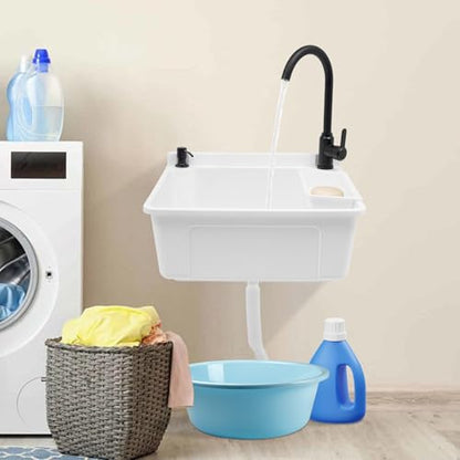 Wall-Mounted Utility Sink Tub Kit with Aluminum Alloy Faucet and Soap Box,Black Anti-clogging Laundry Sink for Bathrooms, Sundry Rooms, Garages(20.08 * 17.52 * 9.45in) - color: White