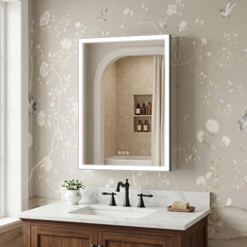 24x32 Black Medicine Cabinet Mirror with Lights, AL Alloy Frame, Plug-in/Hardwired, Recessed/Wall Mount, Defog, 3-Color Dimmable Lights, USB-C&USB-A+ 2 Outlets, 3 Shelves, Left Hinge - size: 24x32(L)