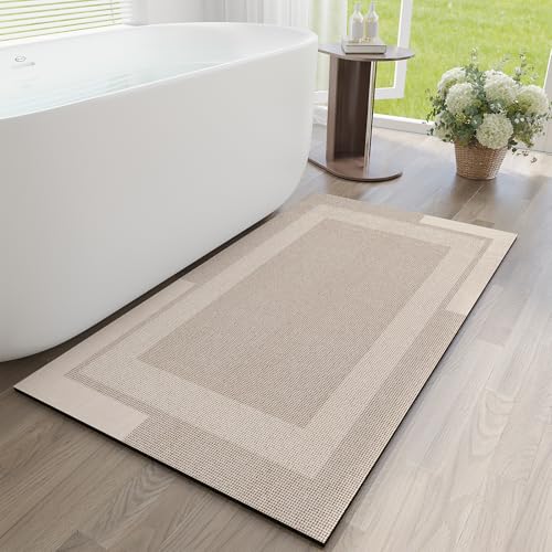 YDKGL Non Slip Bath Mat Long Ultra Thin Bathroom Rugs Runner Fit Under Door | Quick Dry Absorbent Washable Rubber Backing Bath Rug Shower Bathroom Floor Mat for Sink Bathtub Shower Entrance Beige 24"x48" - color: A- Beige, size: 24” x 48“
