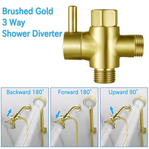 Brass Shower Arm Diverter Valve for Hand Held Showerhead and Fixed Spray Head,G 1/2 3-Way Bathroom Universal Shower System Replacement Part (Brushed Gold) - color: Brushed Gold