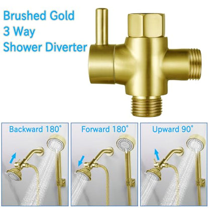 Brass Shower Arm Diverter Valve for Hand Held Showerhead and Fixed Spray Head,G 1/2 3-Way Bathroom Universal Shower System Replacement Part (Brushed Gold) - color: Brushed Gold