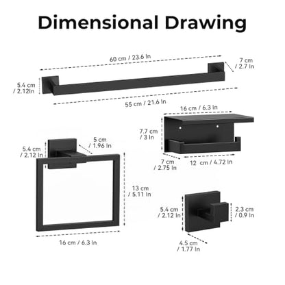 5-Piece Bathroom Hardware Set, 23.6 Inch Towel Bar Set SUS304 Stainless Steel Towel Racks for Bathroom Round Towel Bar, Towel Ring, Toilet Paper Holder, 2 Robe Hooks, Wall Mounted (Black) - color: Matte Black, size: 5 pack