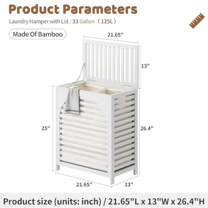 Laundry Hamper with Lid, Bamboo with Handles and Removable Liner Bag, 125L Laundry Basket for Bedroom, Bathroom & Laundry Room (White) - color: White