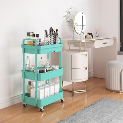 Calmootey 3-Tier Rolling Utility Cart with Drawer,Multifunctional Storage Organizer with Plastic Shelf & Metal Wheel,Storage Cart for Kitchen,Bathroom,Living Room,Office,Green | Space-Saving Organizer, Sturdy Plastic Shelves, Smooth-Rolling Metal Wheels,