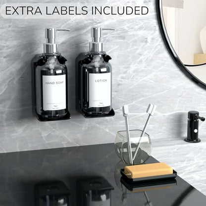Stylish Shampoo and Conditioner Dispenser Wall Mount Set of 3 - No Drill 16oz Shower Soap Dispenser Wall Mounted 3 Chamber with 6 Labels, Easy to Refill Shampoo Dispenser for Shower Wall - Clear - color: Clear