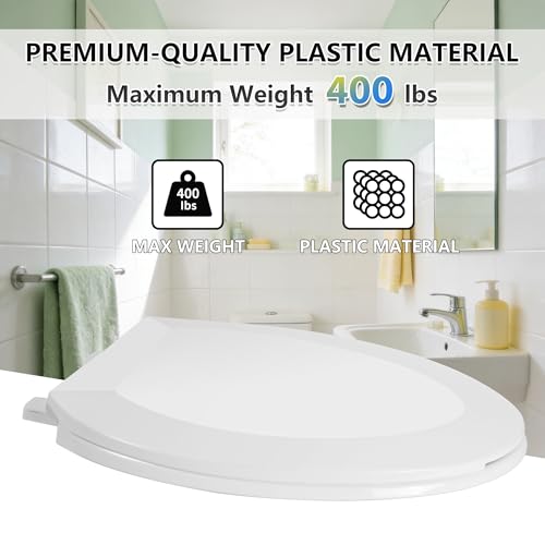 Angol Shiold Elongated Toilet Seat - Slow Close Hinges, Ergonomic Design with Grip-Tight Bumpers, Safe Easy-Clean PP Material (White, 18.5" Elongated) - color: White, size: Elongated 18.5‘’