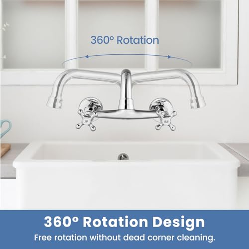 Airuida 8 Inch Center Chrome Polish Wall Mount Kitchen Sink Faucet | Double Cross Handle,Adjustable Center,6 Inch(15cm) Spout - color: Chrome Polish