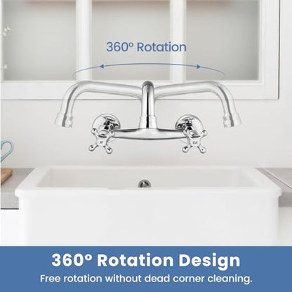 Airuida 8 Inch Center Chrome Polish Wall Mount Kitchen Sink Faucet | Double Cross Handle,Adjustable Center,6 Inch(15cm) Spout - color: Chrome Polish