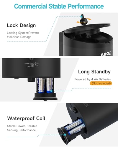 AIKE Automatic Foaming Soap Dispenser 25oz for Bathroom,Matteblack AK1205FA | Rich Foam and Stainless Steel,No-drill and Screw Wall Mount,5-Level Adjustable and Key for Commercial(Batteries Not Included) - color: Matte Black Stainless Steel