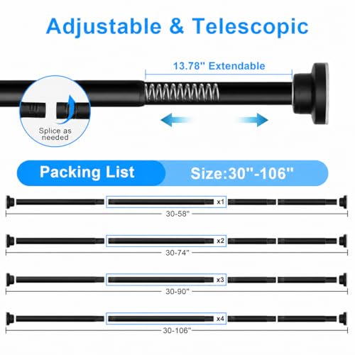 Black Shower Curtain Rod Adjustable 30-90 Inch, 7/8"Diameter 304 Stainless Steel Never Rust Non Slip Heavy Duty Tension Rod, No-Drill Spring Curtain Rod for Bathroom Kitchen - color: Black, size: 30-90 Inch