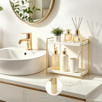 Mkono Bathroom Counter Organizer, 2 Tier Countertop Bathroom Decor Wood Storage Sink Shelf for Vanity Kitchen Coffee Station Home Office, Makeup Tray for Cosmetic Skincare Perfume, Gold and White