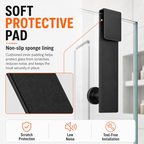 Over Glass Shower Towel Hooks, Shower Door Hooks, Black, 2 Pack | 7.5 inch Length, Stainless Steel, Heavy Duty, Easy Installation, Soft Padding, Shower Towel Hooks For Glass Shower Door