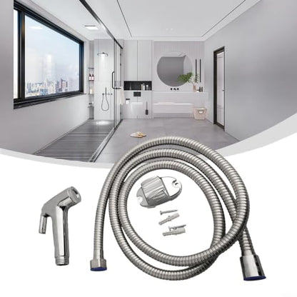 Handheld Bidet Sprayer Set, Chrome Toilet Douche Spray | with 1.5m Stainless Steel Hose and Wall Holder for Bathroom Cleaning and Pet Washing