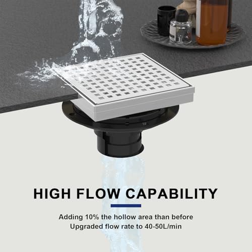6 Inch Brushed Nickel Square Shower Drain with Removable Grate | AISI 304 Stainless Steel Shower Drain, Shower Floor Drain with Hair Catcher & ABS Flange, Fits Bathroom & Balcony etc - color: Brushed Nickel, size: 6 in