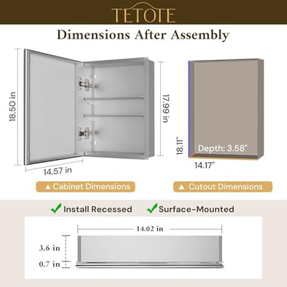 TETOTE 14 x 18 Medicine Cabinet with Tempered Beveled Mirror Silver Aluminum Cabinet DTC Hinges, 2 Stepless Adjustable Shelves, Recessed/Surface-Mounted - color: Silver, size: 18"L x 14"W