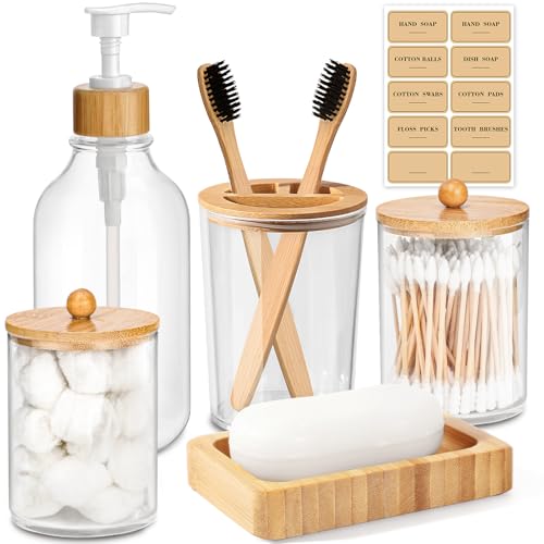 Bamboo Bathroom Accessory Set 5 Pcs, Boho Bathroom Accessories Sets Complete, Clear Bath Soap Dispenser and Toothbrush Holder Set, Soap Dish, Cotton Swab Jar, Boho Organizer - color: Clear