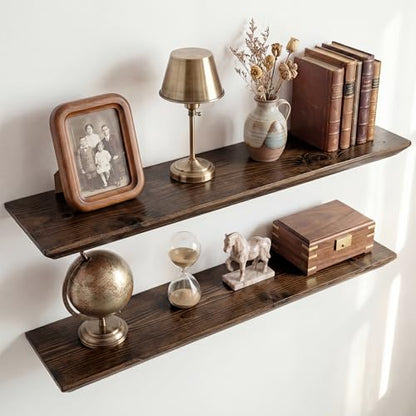 Acovy 30in Solid Spruce Wood Floating Shelves with Beveled Bottom Edges, Wooden Floating Shelf with Heavy-Duty Bracket for Living Room Bathroom Bedroom Kitchen, Rustic Brown, Set of 2 - color: Rustic Brown, size: 30"-2 Packs