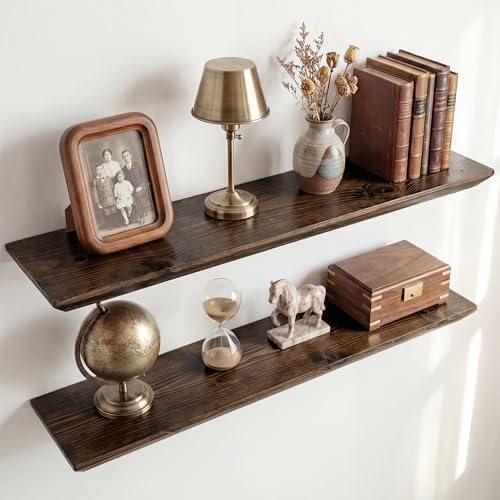 Acovy 30in Solid Spruce Wood Floating Shelves with Beveled Bottom Edges, Wooden Floating Shelf with Heavy-Duty Bracket for Living Room Bathroom Bedroom Kitchen, Rustic Brown, Set of 2 - color: Rustic Brown, size: 30"-2 Packs