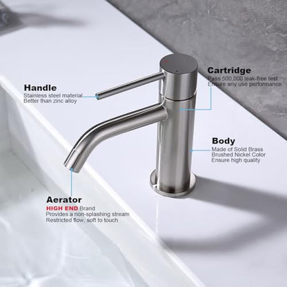 Single Hole Bathroom Sink Faucet with Pop-up Drain Assembly and Faucet Supply Lines, Brushed Nickel Single Handle Lavatory Basin Faucets Taps - color: Brushed Nickel, size: Faucet