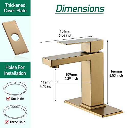 VOTON Brushed Gold Bathroom Faucet, Modern Bathroom Faucet 1 Hole, Single Handle Bathroom Sink Faucet Brushed Gold with Deck Plate & Water Supply Hoses - color: B-Brushed Gold, style: Without Drain