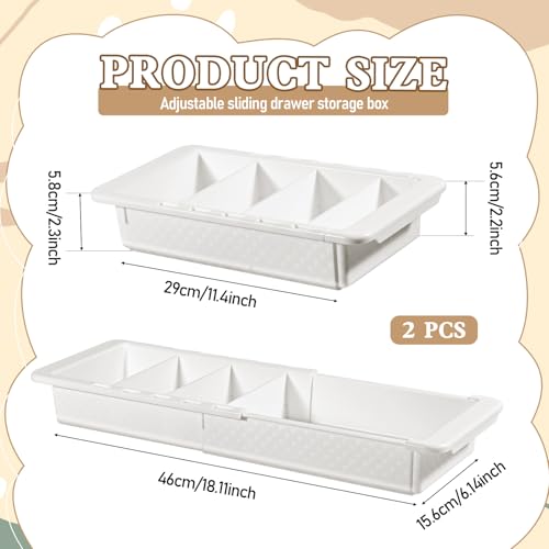 2Pcs Expandable Sliding Drawer Tray with Adjustable Dividers | Plastic Deep Desk Drawer Dividers Organizers Expandable 11.4 to 18.1 Inches For Utensils Office Bathroom Bedroom Kitchen