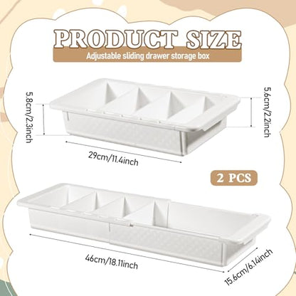 2Pcs Expandable Sliding Drawer Tray with Adjustable Dividers | Plastic Deep Desk Drawer Dividers Organizers Expandable 11.4 to 18.1 Inches For Utensils Office Bathroom Bedroom Kitchen