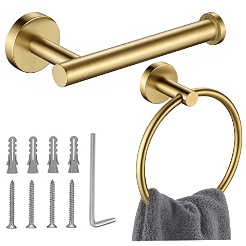 Gold Toilet Paper Holder, Towel Ring Set 2 Pieces Hand Towel Holder for Bathroom Hardware Accessories Set SUS304 Stainless Steel Sturdy Wall Mount Bathroom Holder… - color: Brushed Gold