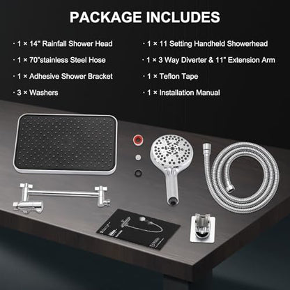 14 Inch Rainfall Shower Head with Handheld Sprayer Combo, High Pressure 10 Spray Settings Dual Shower Head System, Anti-Clog Nozzles Easy Install for Low Water Pressure Bathroom - style: Modern